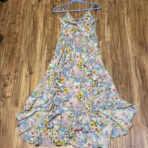Angie women’s large 12 14 Dress Floral Maxi spaghetti strap slits blue light